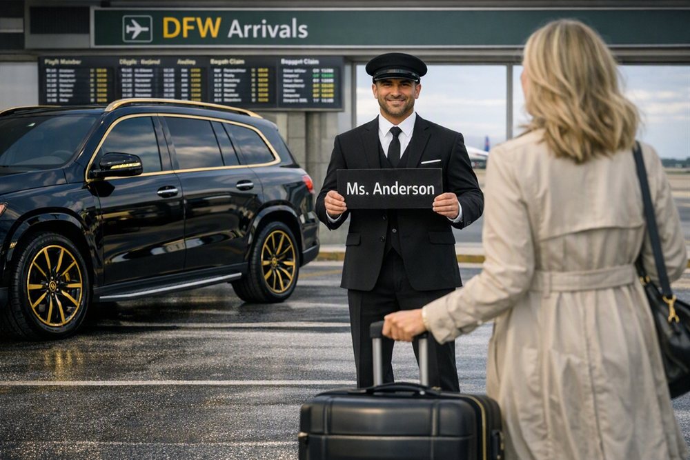 Chauffeur meet and greet at DFW Airport arrivals with black luxury SUV