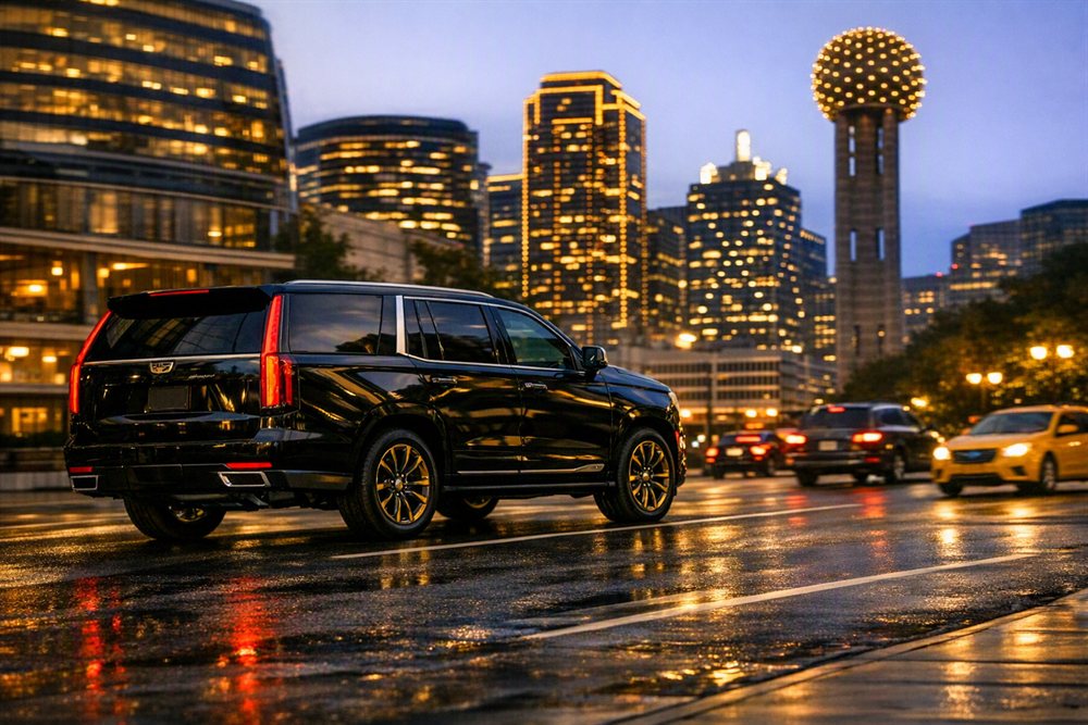 Black luxury SUV driving through downtown Dallas at night with Reunion Tower in the background