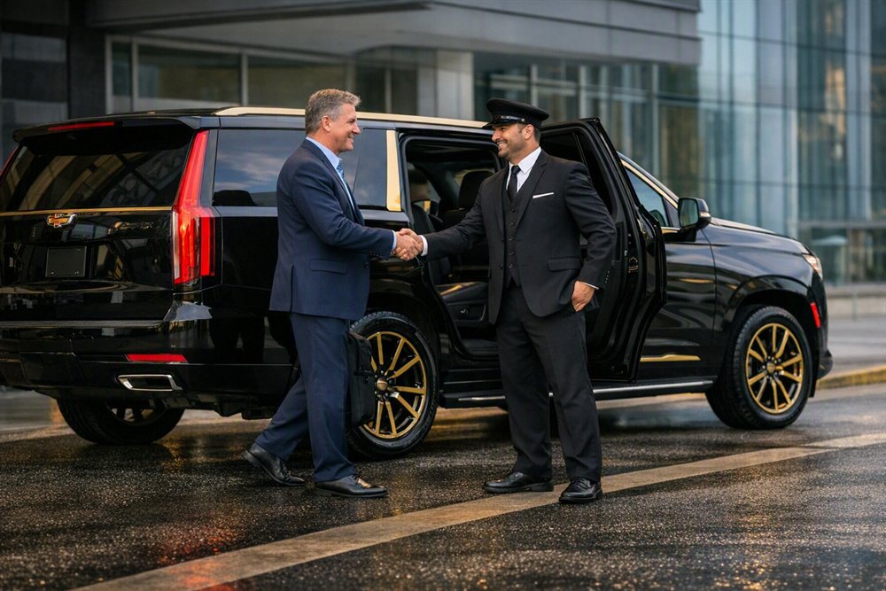 Executive greeting chauffeur beside black Cadillac Escalade outside office building