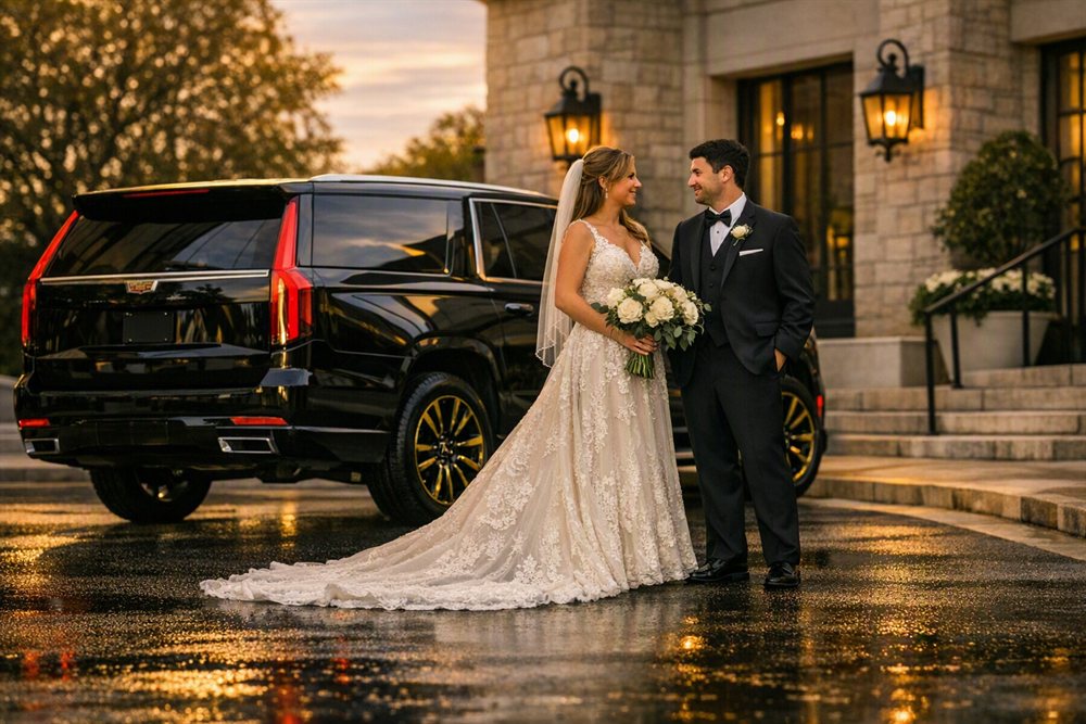 Bride and groom beside black Cadillac Escalade at wedding venue at sunset
