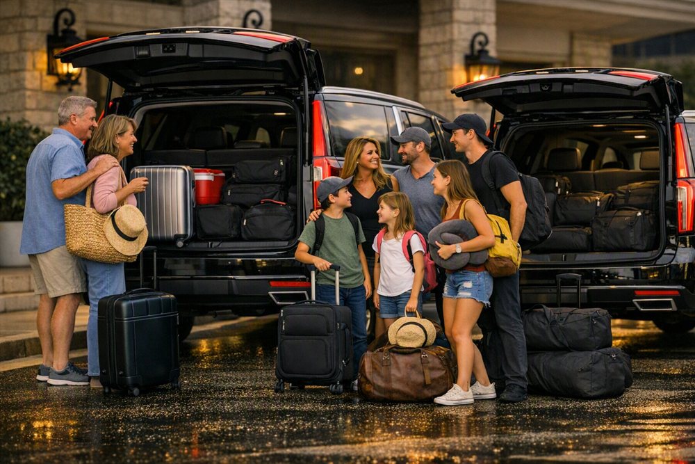 Family group loading luggage into two black SUVs for multi-vehicle group transport