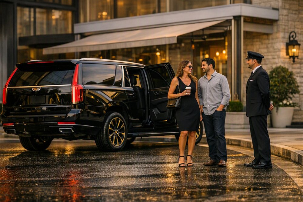 Chauffeur waiting beside black Escalade while couple enjoys an evening out